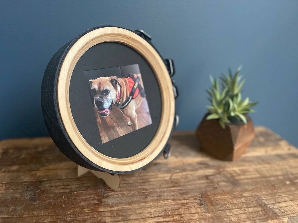 large wooden display stand for Great Dane size Halo pet memorial picture frame