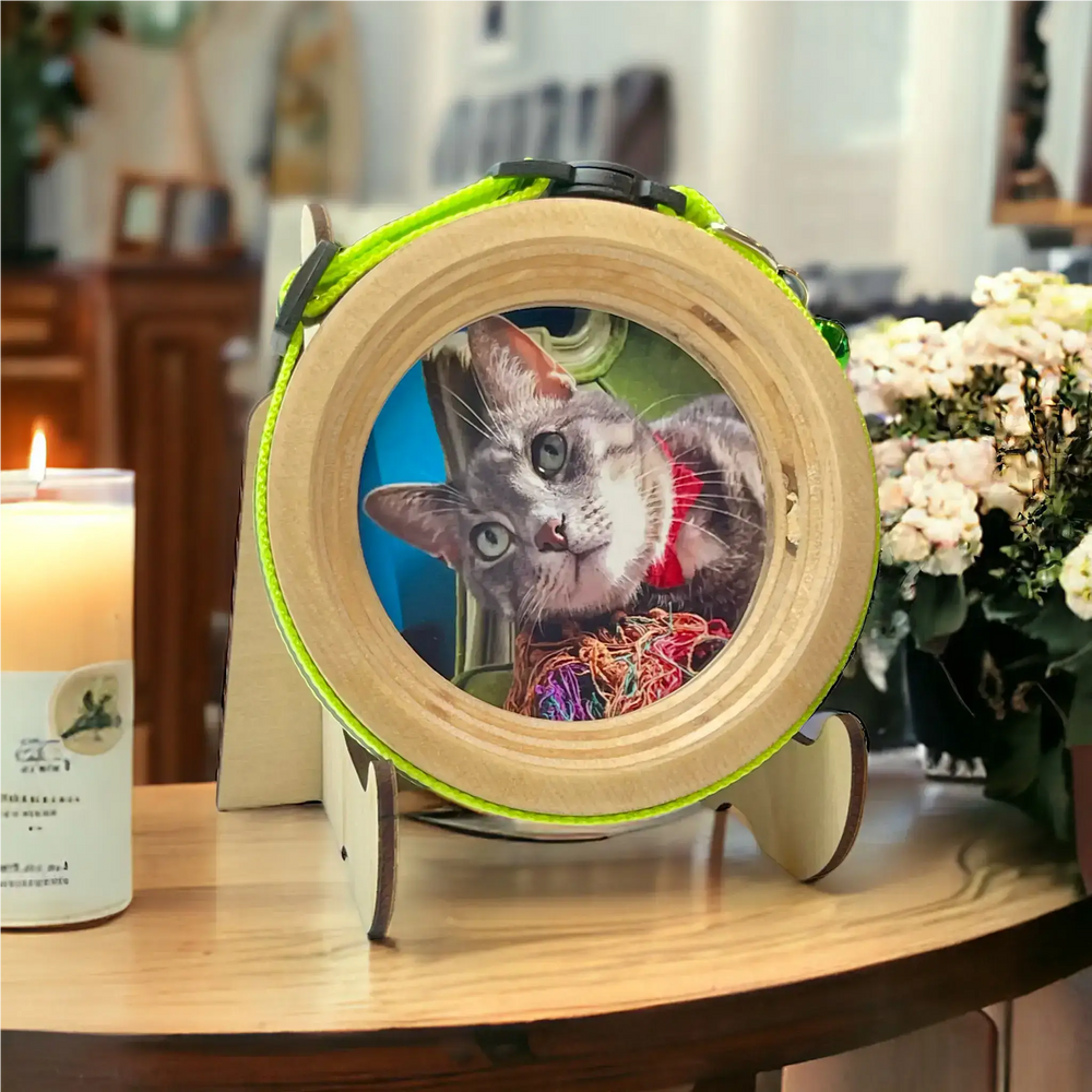 Natural wood Garfield cat memorial frame with neon green collar and gray tabby image, displayed next to a remembrance candle and flowers.