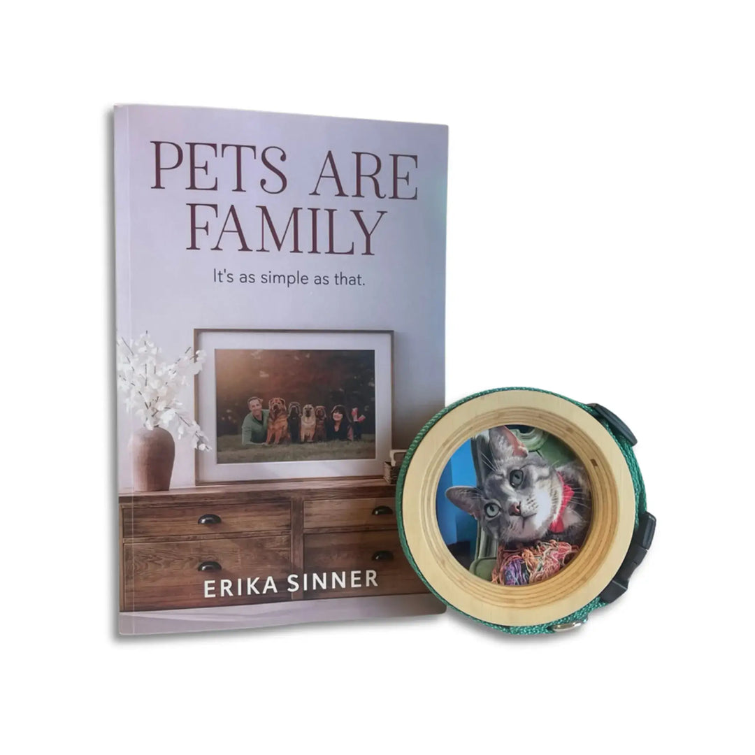 Pets Are Family Bundle – Pets Are Family paperback book by Erika Sinner with Halo Frame & Collar Display for cat collars.