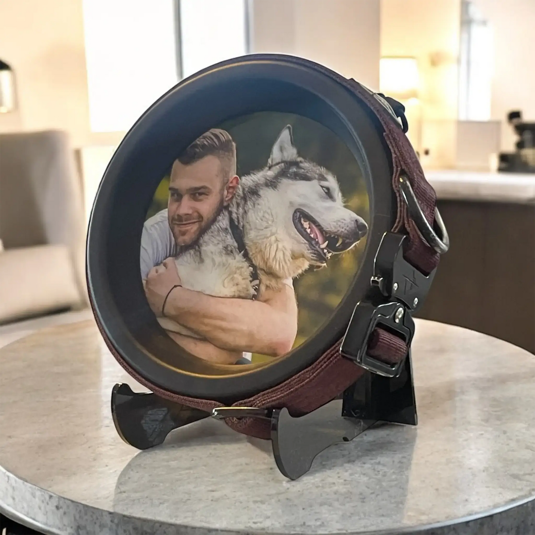 Man hugging Husky in a maroon dog collar memorial frame on tabletop display, celebrating pet love and companionship