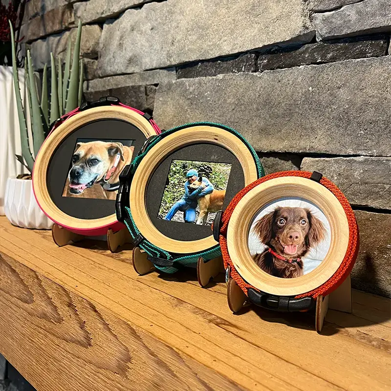 Natural circular wood frame for medium dog collar display | Pet loss gift