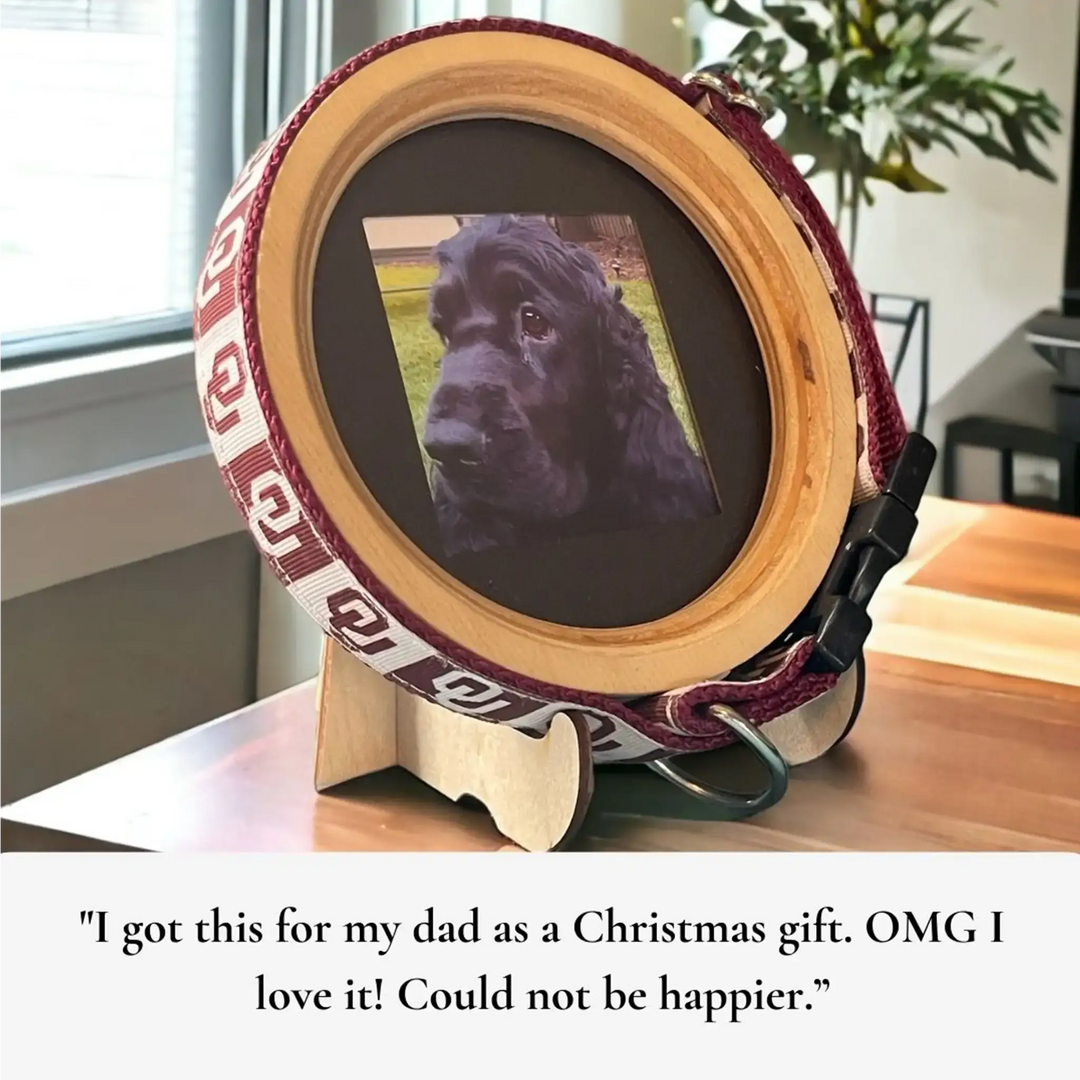 Medium wooden Beagle size Whisker & Fang frame with OU collar and black spaniel photo, shown with a customer review. | Keepsake display