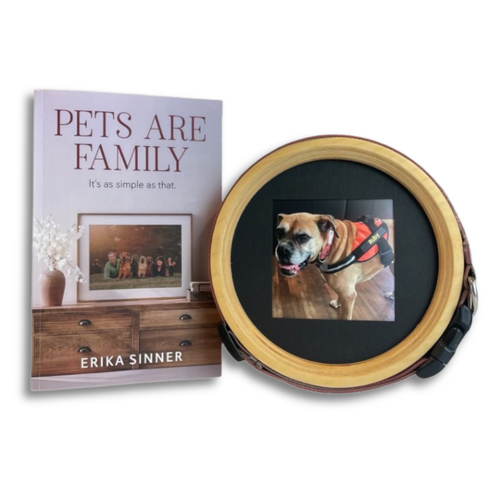 Pets Are Family Bundle – Pets Are Family paperback book by Erika Sinner with Halo Frame & Collar Display in handmade wood. 