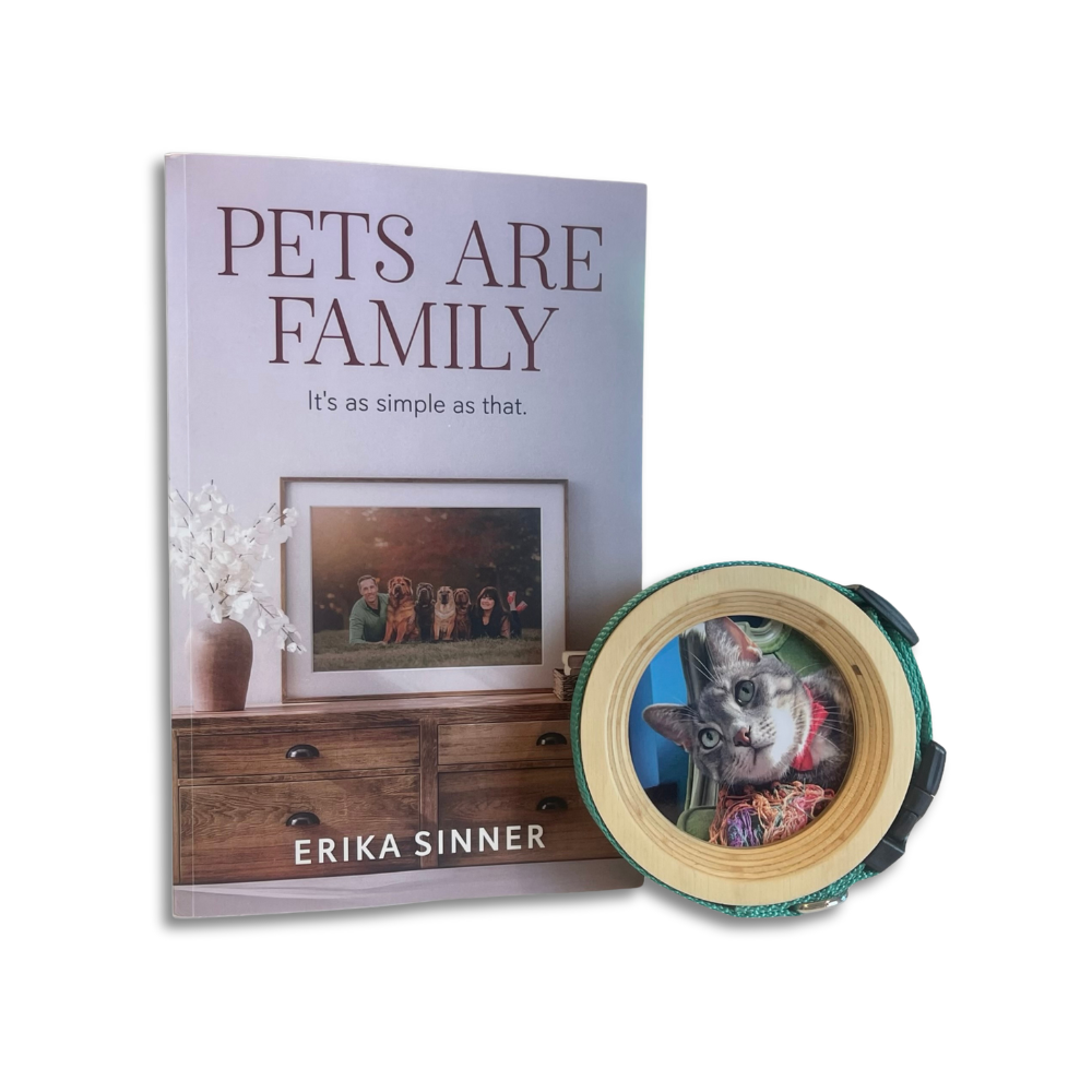 Pets Are Family Bundle – Pets Are Family paperback book by Erika Sinner with Halo Frame & Collar Display for cat collars. 