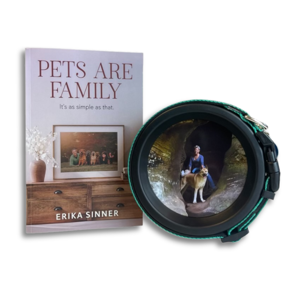 Pets Are Family Bundle – Pets Are Family paperback book by Erika Sinner with Halo Frame & Collar Display, heartfelt pet memorial gift. 