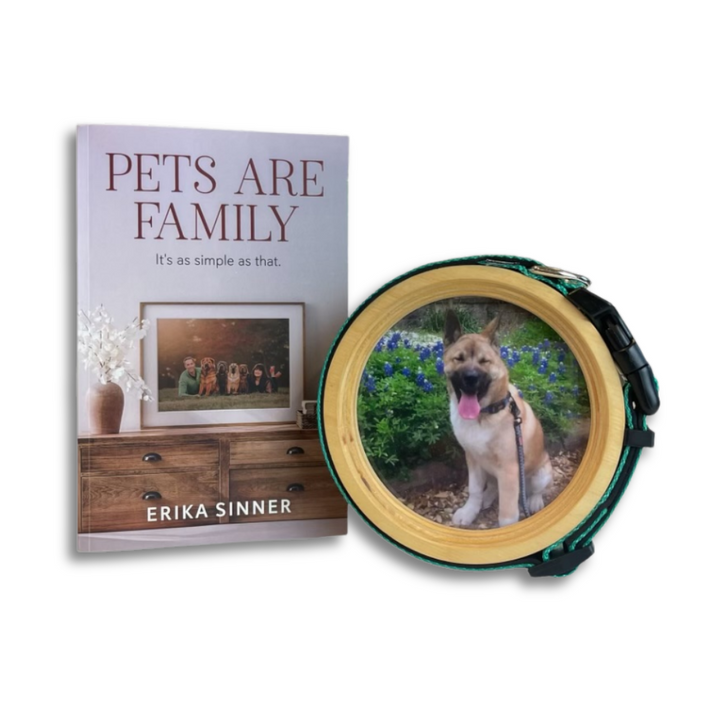 Pets Are Family Bundle – Pets Are Family paperback book by Erika Sinner with Halo Frame & Collar Display - Made in the USA Pet Memorials. 