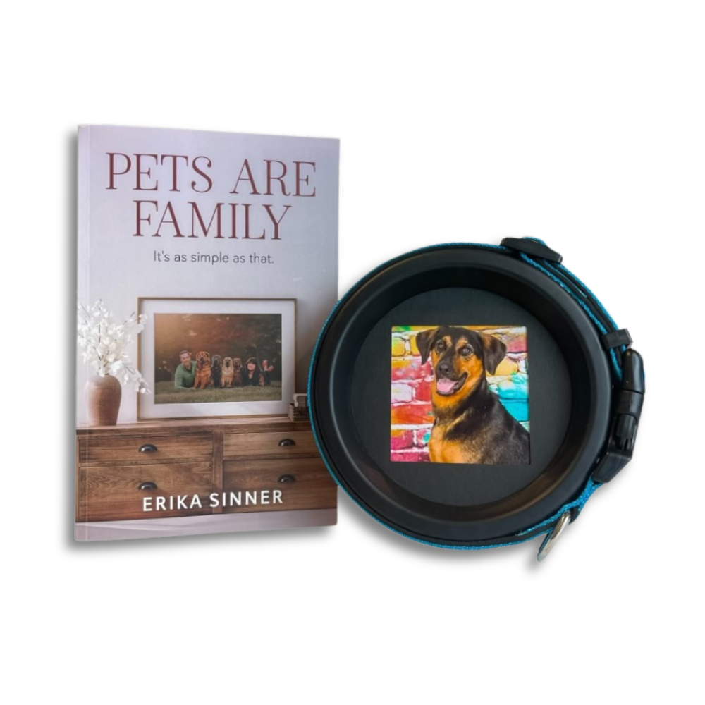 Pets Are Family paperback book by Erika Sinner with Halo Frame & Collar Display, perfect pet loss gift