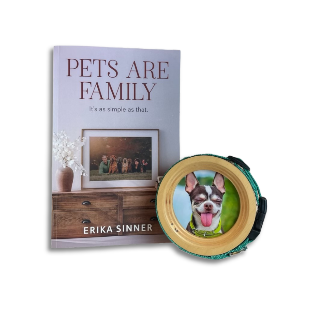 Pets Are Family Bundle – Pets Are Family paperback book by Erika Sinner with Halo Frame & Collar Display, heartfelt pet memorial gift.