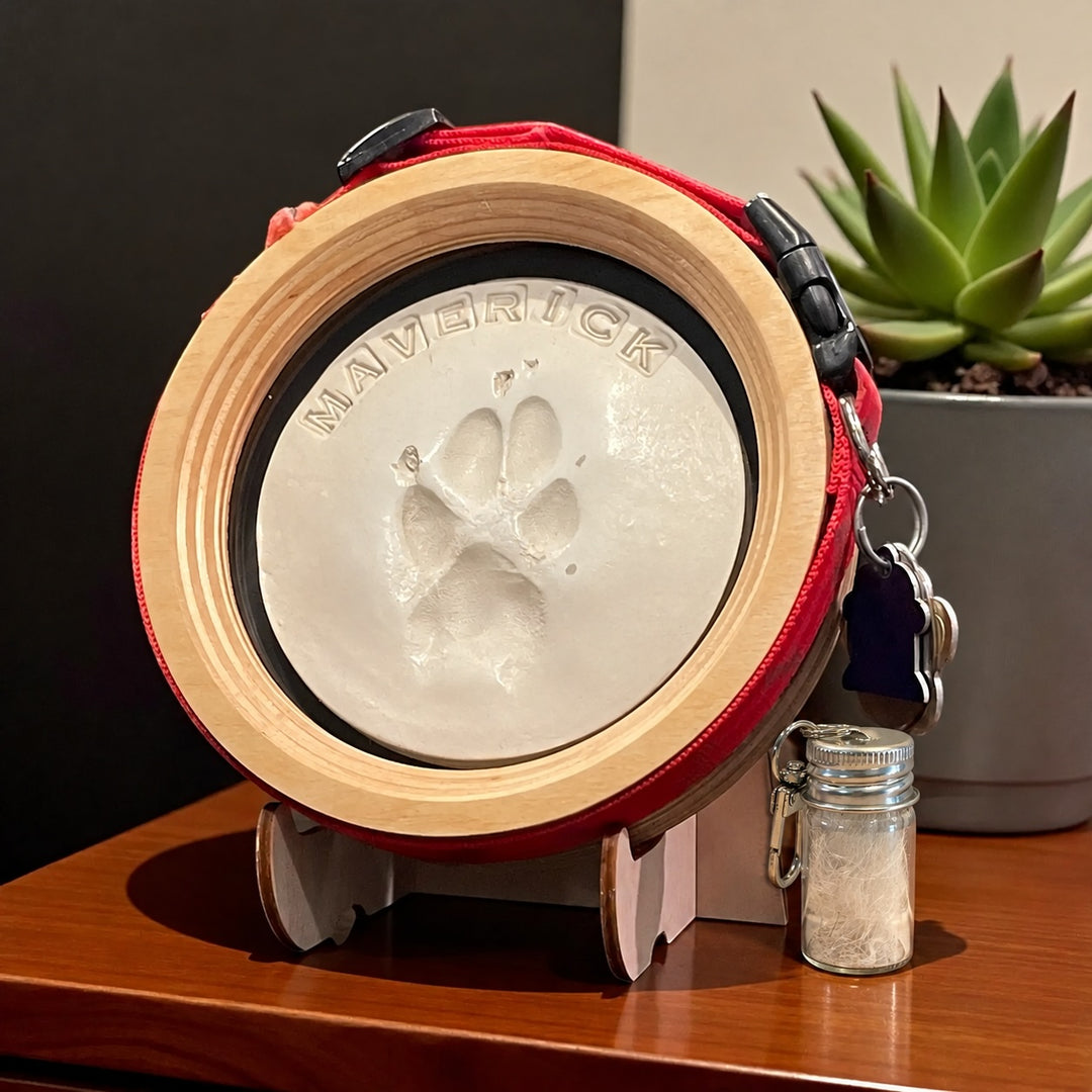 medium wooden paw print and collar display frame with fur keepsake capsule on a wooden table