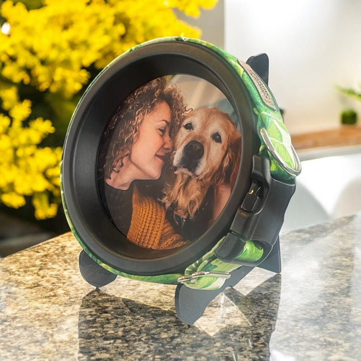 Pet memorial frame with collar slot and photo space, designed for preserving a pet’s memory.