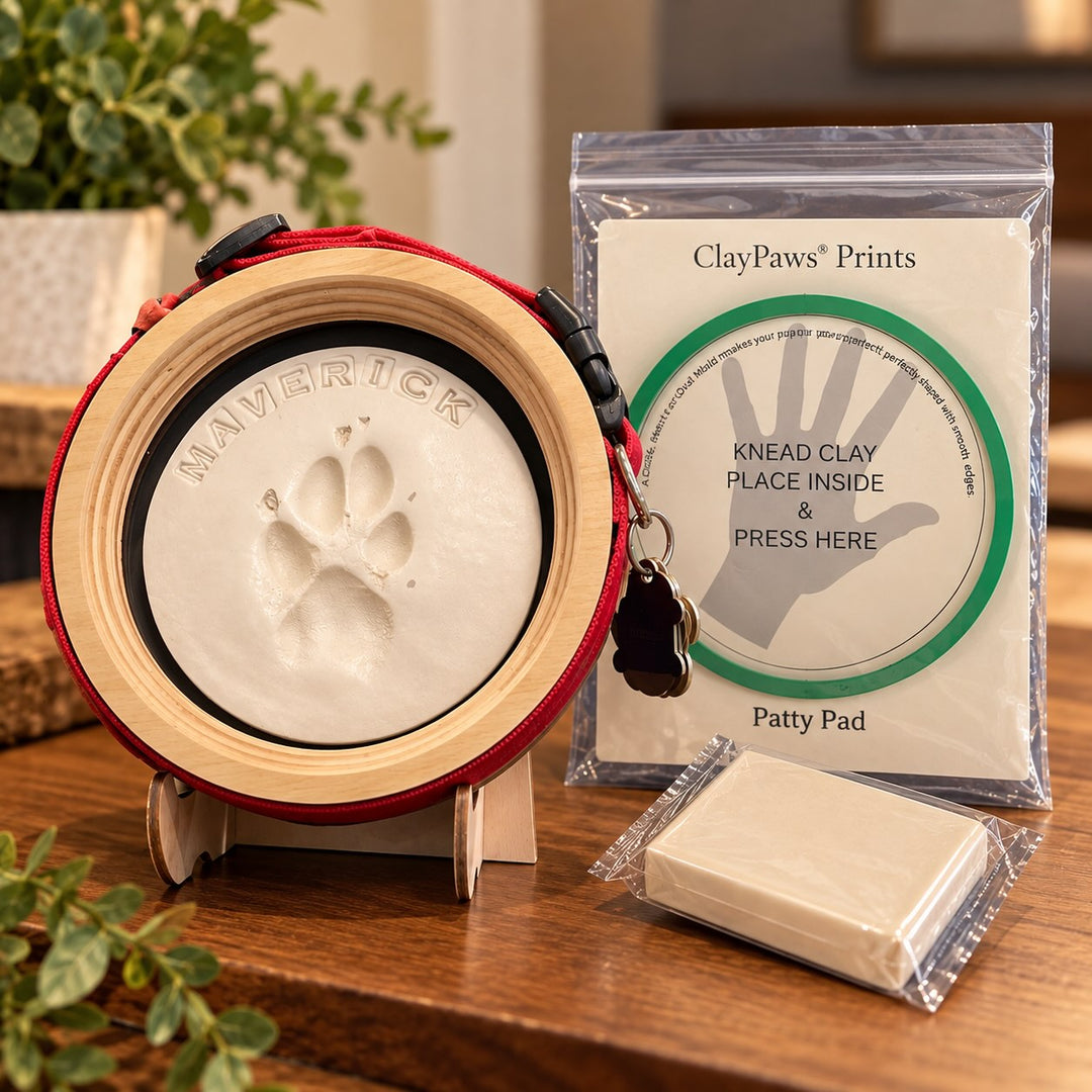medium dog collar frame and clay paw print display making kit in almond shimmer