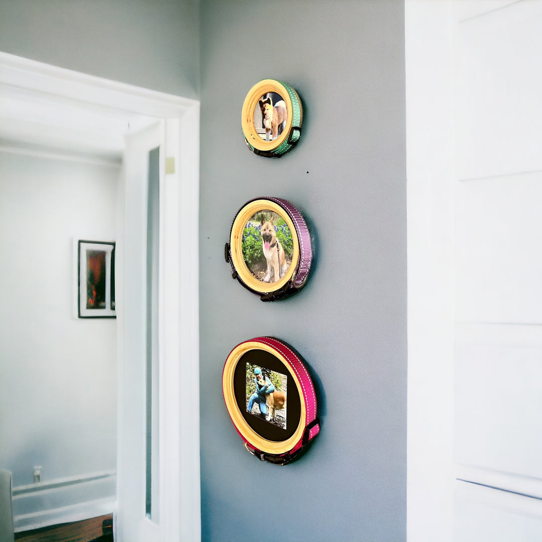 Wall mount circular handmade wooden pet memorial picture frame and collar display