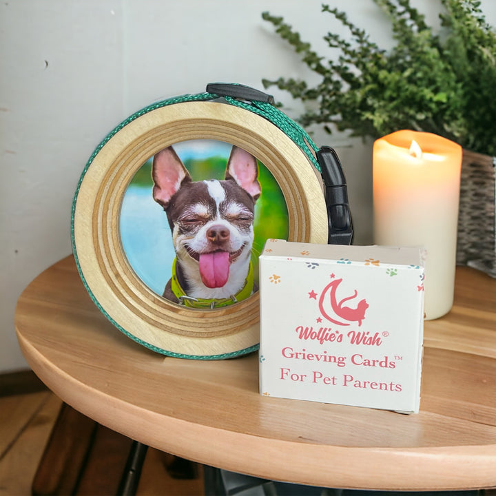 The Pet Loss Bundle - Wooden Pet Memorial Picture Frame for Small Dog Collars and Grieving Cards. Perfect pet loss gift.