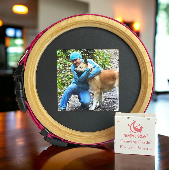 Close-up of the pet memorial picture frame, perfect for displaying a photo of a beloved pet in a pet loss gift bundle. 