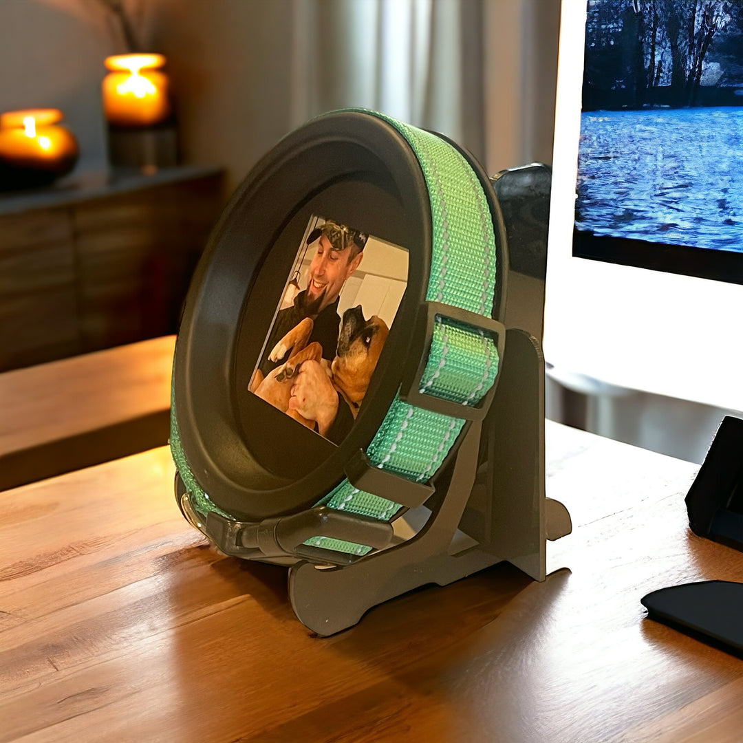 Close-up of pet memorial frame with space for a pet’s collar and photo, a meaningful keepsake for pet parents.