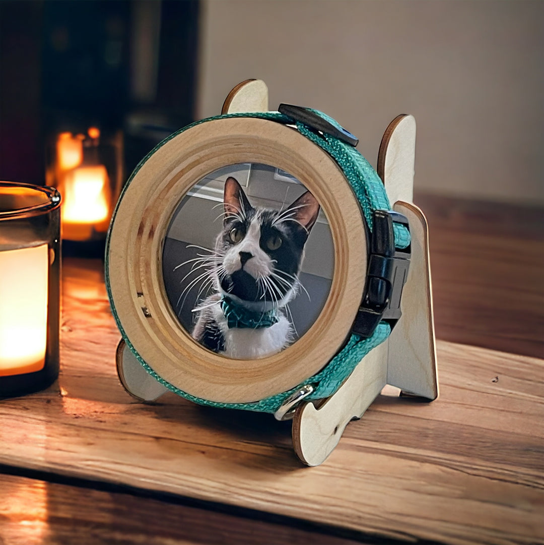 Wooden Display Stand for Circular Wooden Halo Pet Memorial Picture Frame & Collar Display by. Whisker & Fang