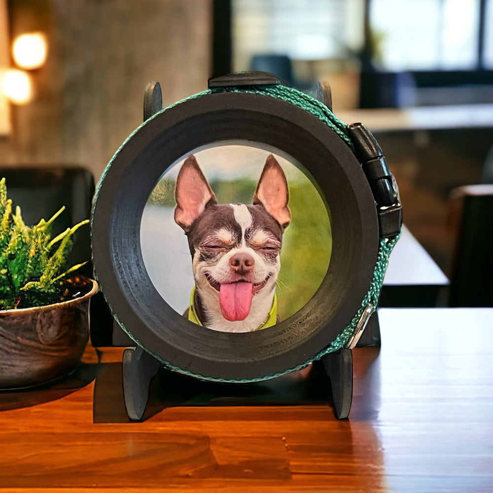 small black wood display stand for pet memorial picture frame - displayed with pet keepsake display for small dog collars. 