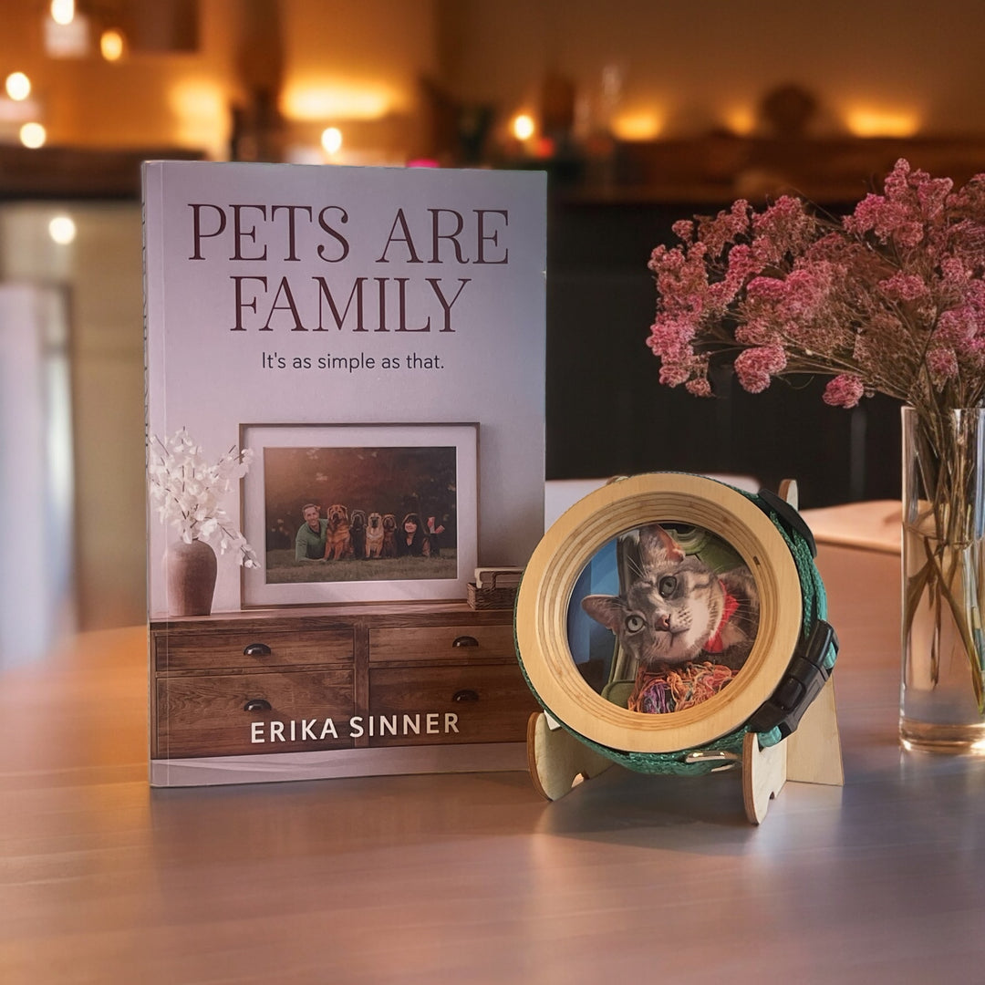 Pets Are Family paperback book by Erika Sinner with Halo Frame & Collar Display, heartfelt pet loss gift