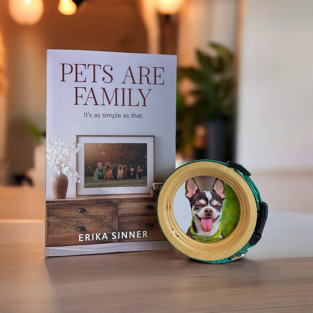 Pets Are Family Bundle – Pets Are Family paperback book by Erika Sinner with Halo Frame & Collar Display, heartfelt pet loss gift for small dog collars.