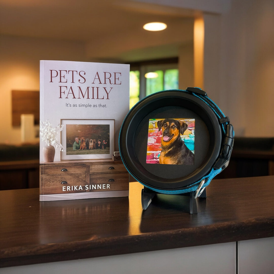 Pets Are Family Bundle – Pets Are Family paperback book by Erika Sinner with Halo Frame & Collar Display for Medium & Large Dog Collars.