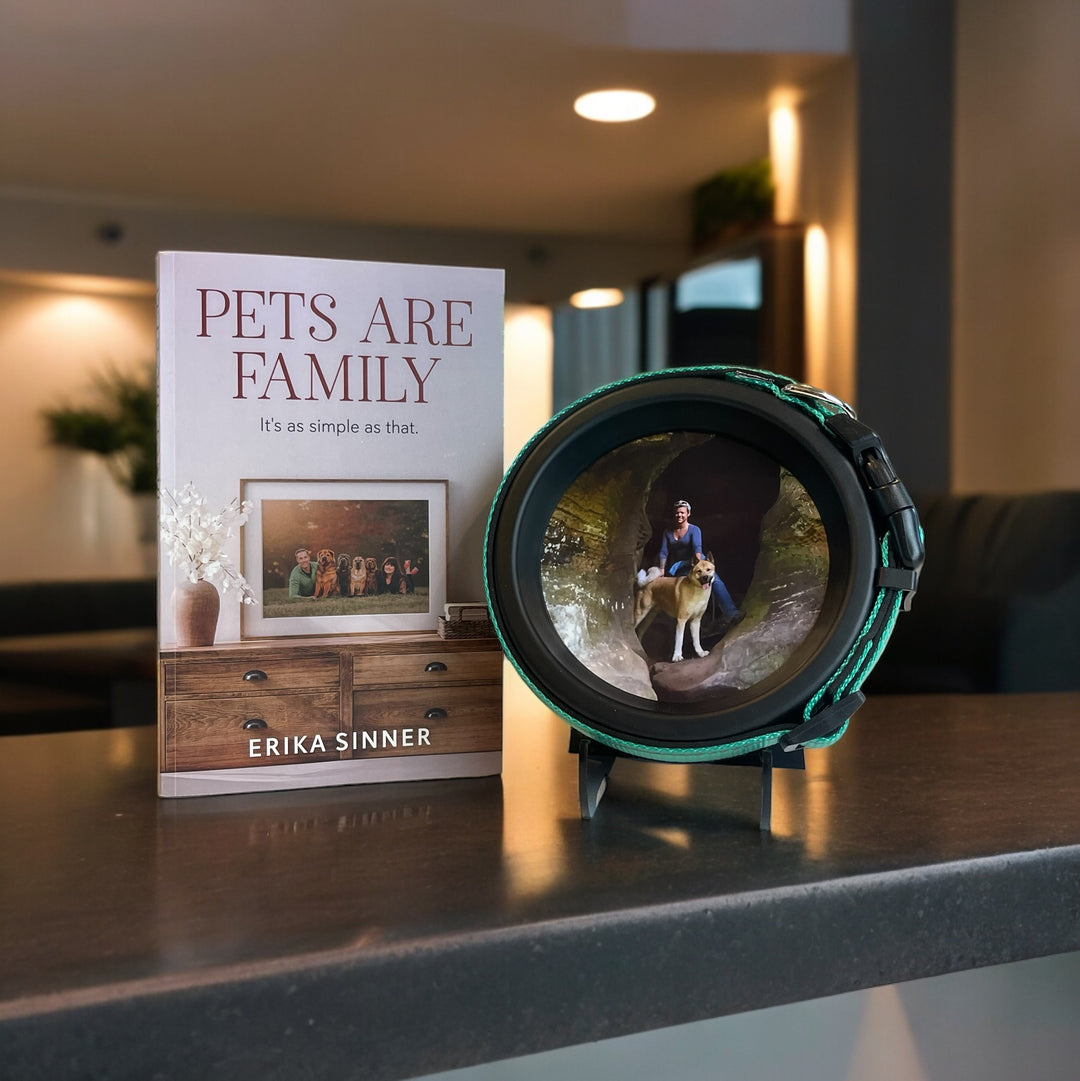 Pets Are Family Bundle – Pets Are Family paperback book by Erika Sinner with Halo Frame & Collar Display Pet Memorial.