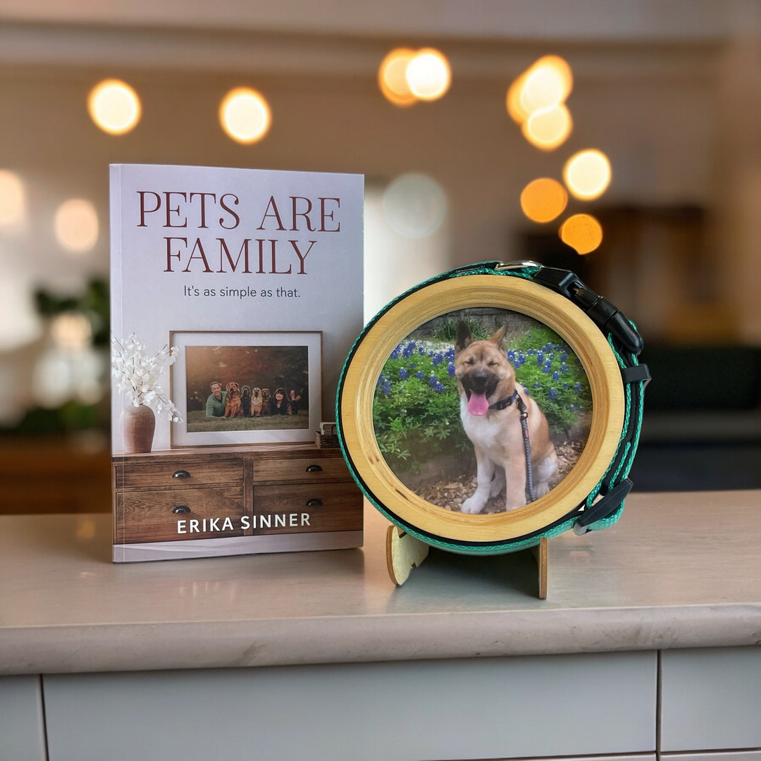 Pets Are Family Bundle – Pets Are Family paperback book by Erika Sinner with Halo Frame & Collar Display for medium dog collars. 