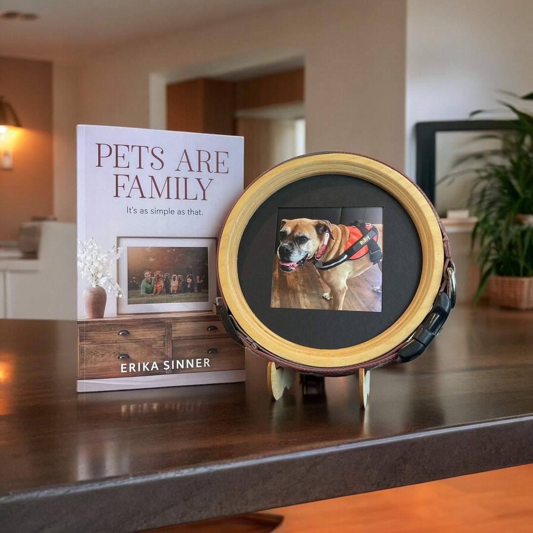 Pets Are Family Bundle – Pets Are Family paperback book by Erika Sinner with Halo Frame & Collar Display - Handmade wood for large dog collars. 