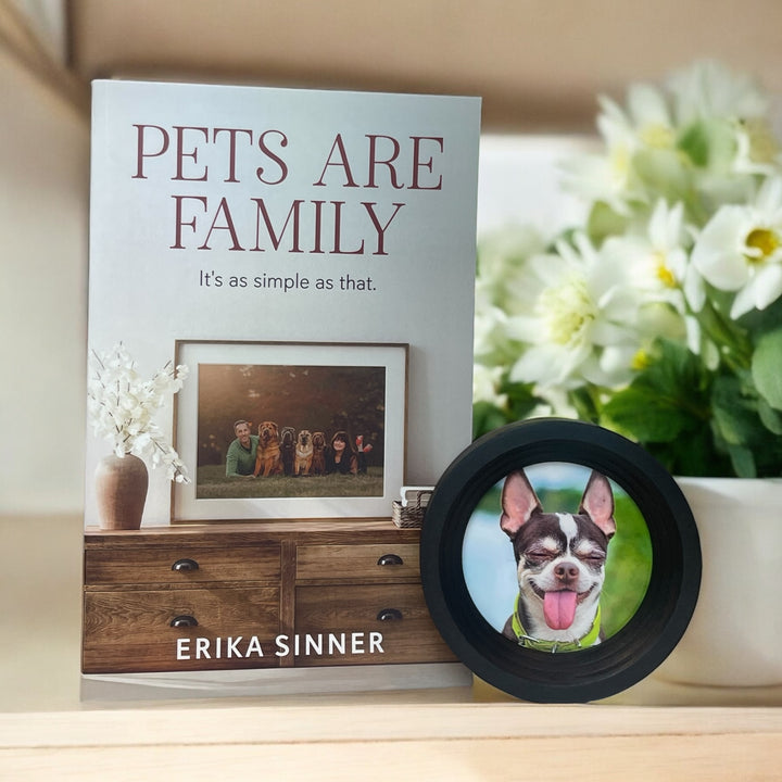 Pets Are Family Bundle – paperback book  with black wooden Halo Frame & Collar Display, heartfelt pet loss gift