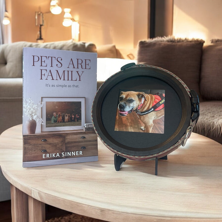 Pets Are Family paperback book by Erika Sinner with Black Wooden Pet Picture Frame & Collar Display for large dogs. 