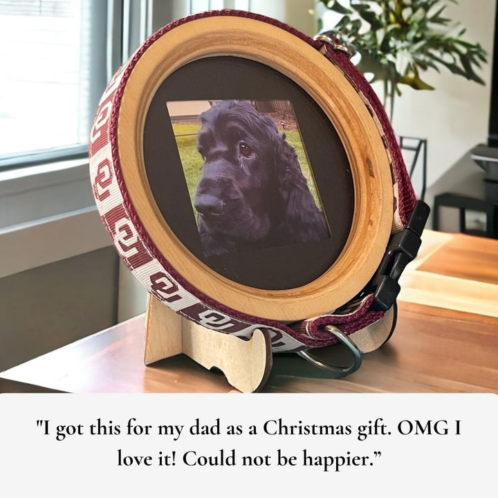 Customer Testimonial for the Halo Pet Frame & collar Display in handmade wood. 