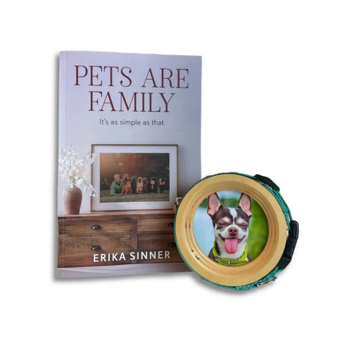 Pets Are Family Bundle – Pets Are Family paperback book by Erika Sinner with Halo Frame & Collar Display, heartfelt pet loss gift for small dog collars.