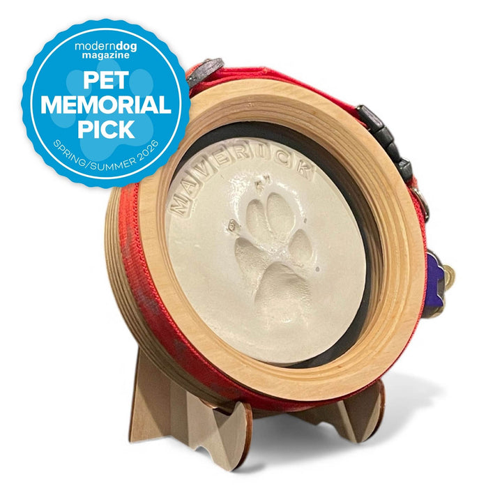 Dog clay paw print and collar display frame with pet memorial pic badge from Modern Dog Magazine