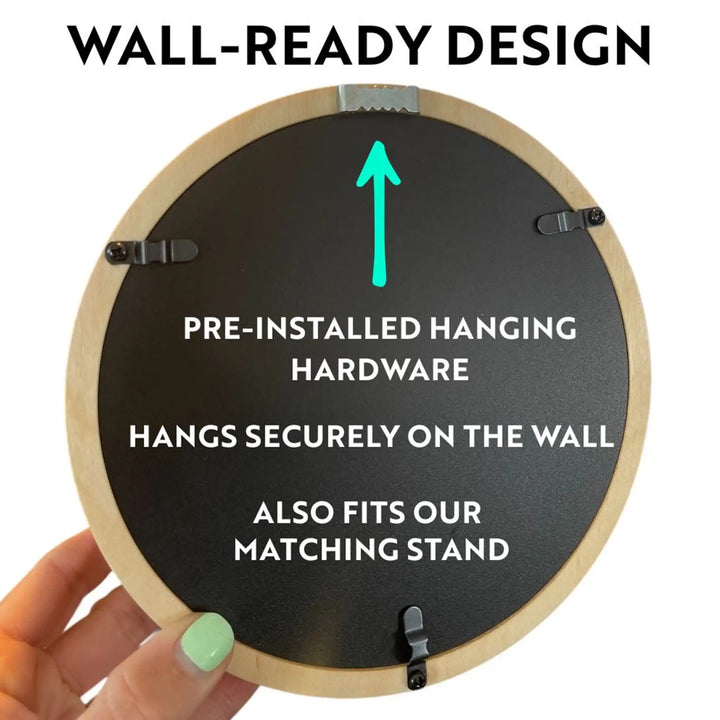 Back of wood pet memorial frame showing attached sawtooth wall-hanging hardware and easel stand for tabletop display.