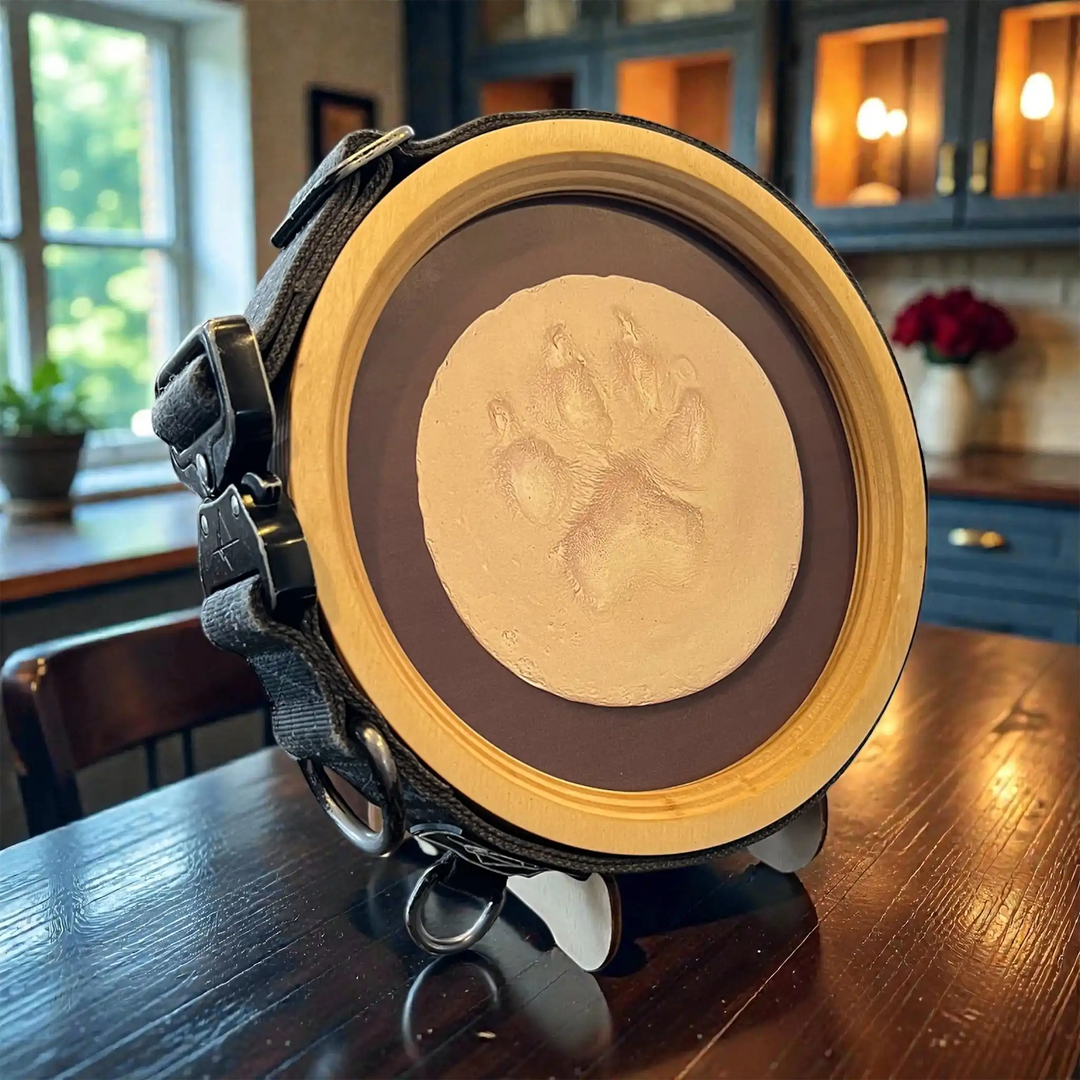 Pet paw print memorial frame with space for a clay or ink paw impression and a photo with collar around the outside, designed to honor a beloved dog or cat.
