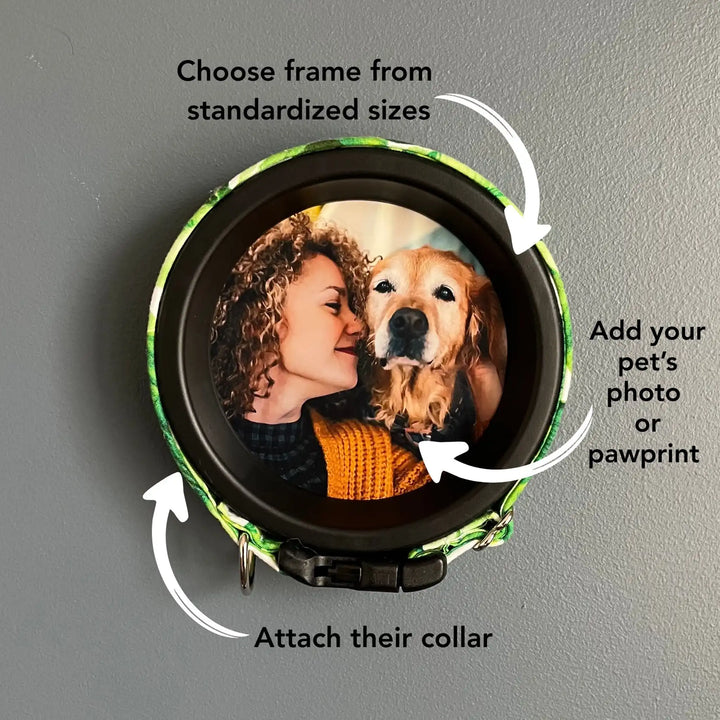 Infographic showing how a pet memorial frame works, with steps to insert a photo and gently place a pet’s collar inside the frame.