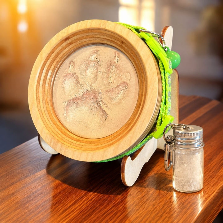 small wooden dog or cat collar and paw print display frame with fur keepsake capsule on a dark wooden table