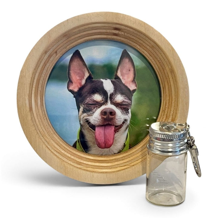 a found wooden picture frame for displaying a small dogs collar, and a glass keepsake capsule for fur or ashes