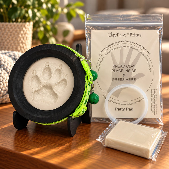 small dog or cat collar and clay paw print kit display in almond shimmer
