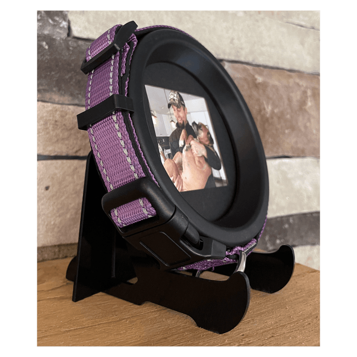 Stand -Black Acrylic Display Stand for Medium and Large Black Circular Resin Halo Pet Memorial Picture Frame and Collar Display by. Whisker & Fang